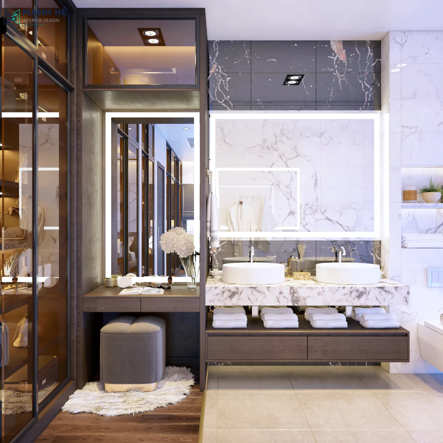 Thi công bàn trang điểm nối liền với tủ quần áo và được bố trí ngay cạnh nhà vệ sinh, với gương soi được tich đèn led bên trong tiện ích Thiet Ke Thi Cong Noi That Binh Duong (48)