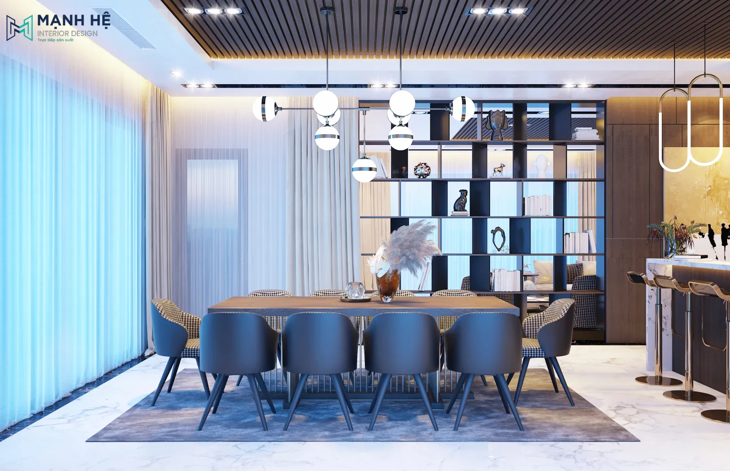 Bố trí bàn ăn sang trọng với tông màu đen có sức chứa 10 người Thiet Ke Thi Cong Noi That Binh Duong (5)