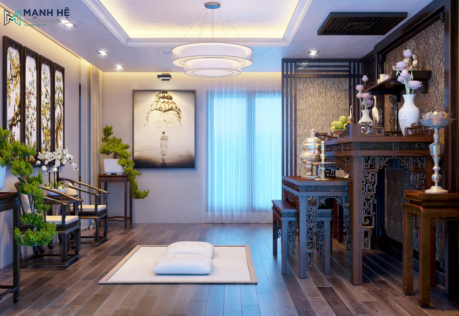 Trang trí bộ tranh tứ quý cùng các loại cây bonsai mang lại không khí thanh tịnh cho phòng thờ Thiet Kng Noe Thi Coi That Binh Duong (67)