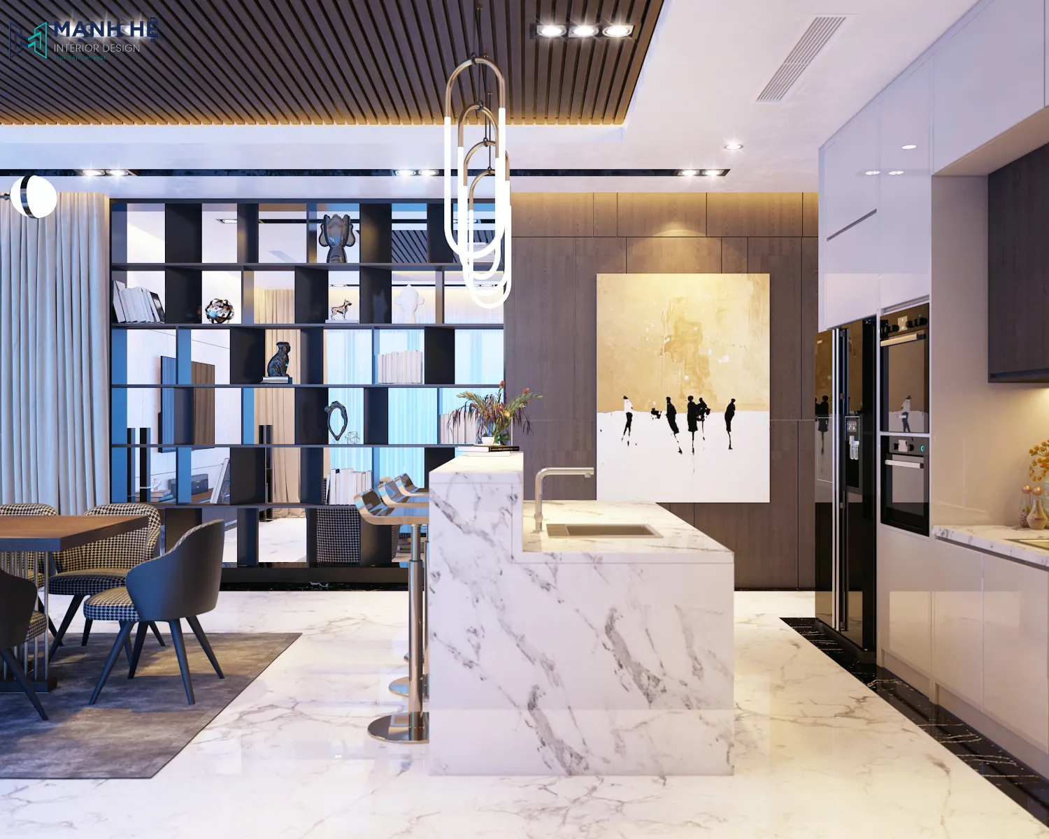 Bàn đảo đa năng tính hợp quầy bar sang trọng cho căn bếp, bố trí thêm đèn thả độc đáo cho không gian thêm phần ấn tượng Thiet Ke Thi Cong Noi That Binh Duong (7)