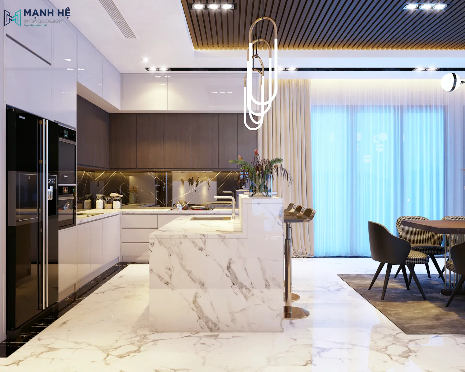 Thi công hệ tủ bếp chữ L kịch trần bằng gỗ công nghiệp phủ acrylic sáng bóng kết hợp cùng bàn đảo tiện nghi Thiet Ke Thi Cong Noi That Binh Duong (8)