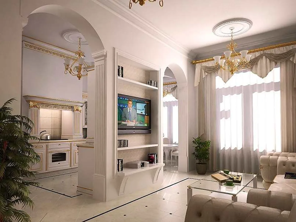 Mẫu vòm cong kết nối các khu vực chức năng vô cùng đẹp mắt với gam màu trắng đầy tinh tế