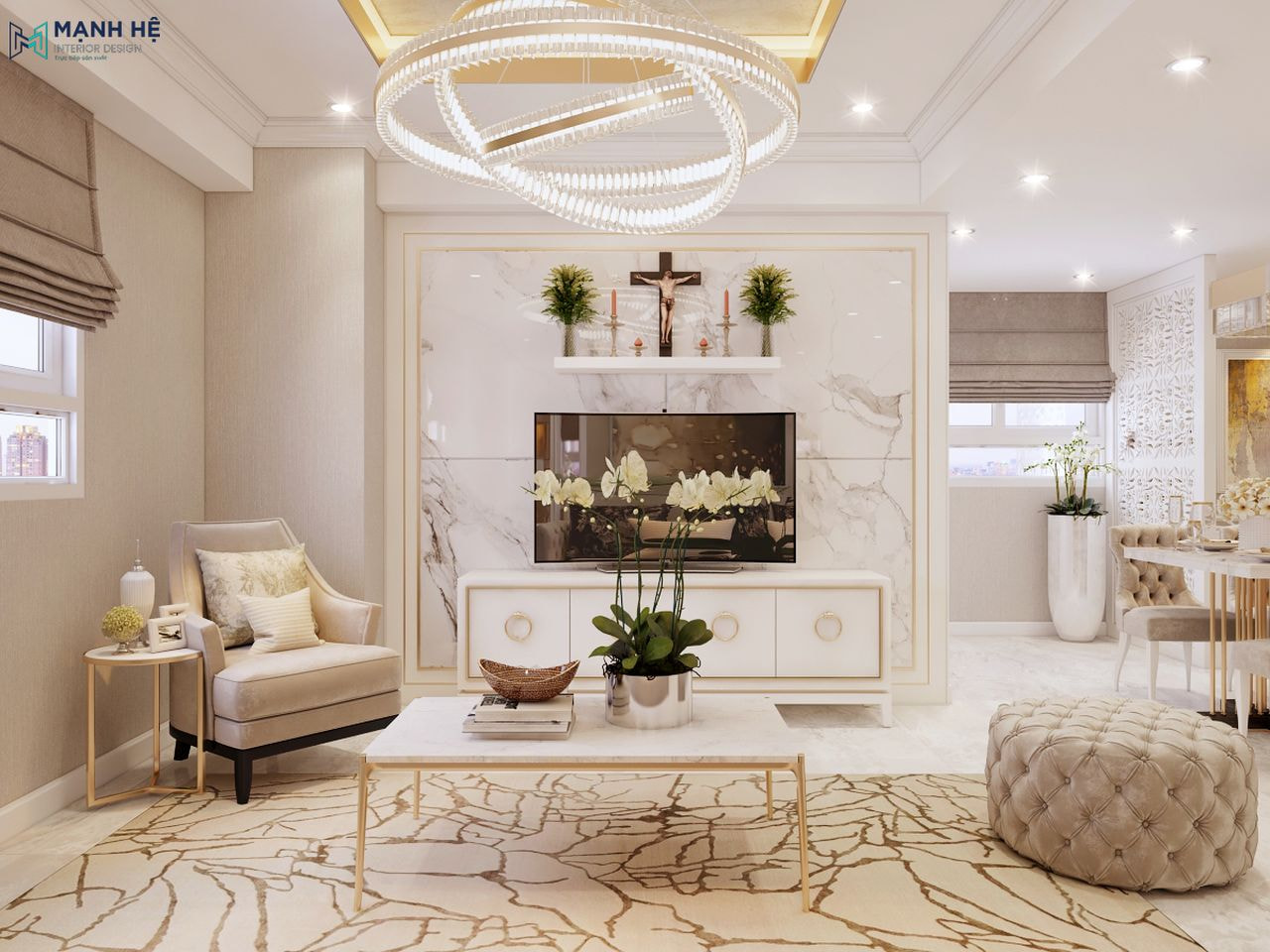 Sự kết hợp của gam màu be chủ đạo và ánh sáng đèn trần mang lại không gian thoáng đãng, sáng sủa nổi bật với vách tivi ốp đá sang trọng