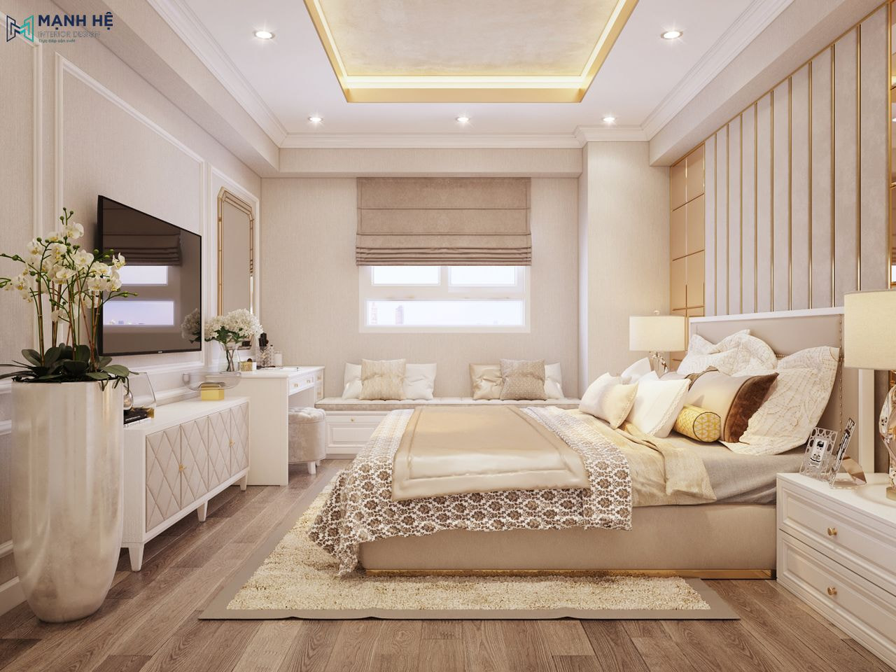 Phòng ngủ được tối ưu không gian nhờ thiết kế bục ngồi liền mạch với bàn trang điểm ở góc cửa sổ, biến góc chết thành điểm nhấn độc đáo cho căn phòng