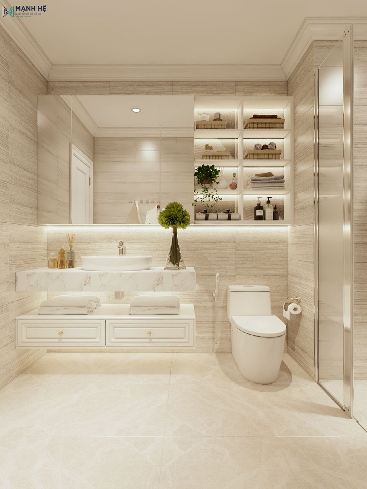 Nhà vệ sinh sang trọng sử dụng gam màu trắng và kem với thiết kế kệ trang trí treo tường liền mạch với gương lớn tạo cảm giác rộng rãi và tinh tế