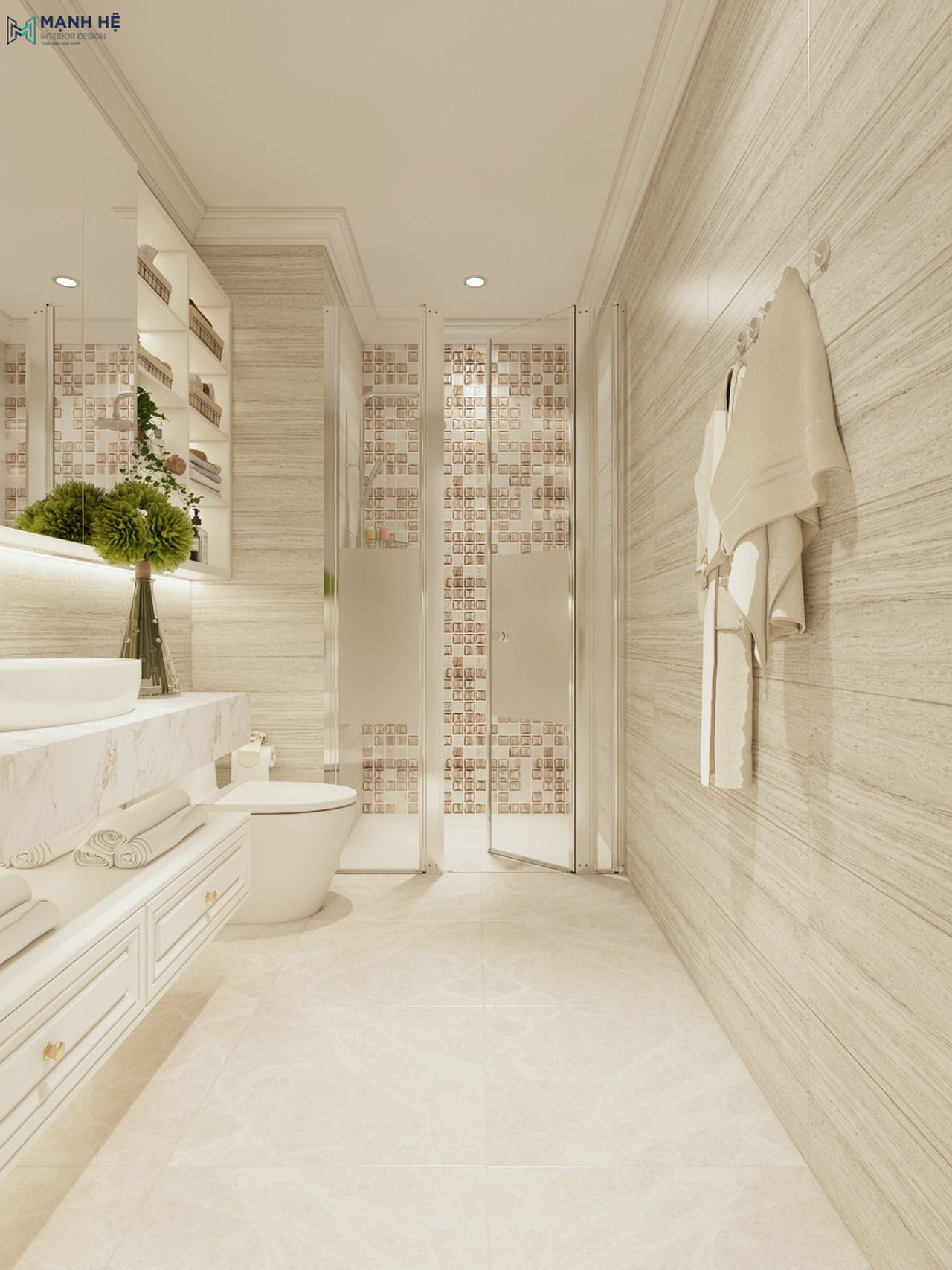 Cửa kính ngăn cách khu vực tắm và khu vực vệ sinh tạo cảm giác thông thoáng và hiện đại kết hợp với sàn nhà có vân đá tự nhiên mang đến vẻ đẹp sang trọng cho không gian