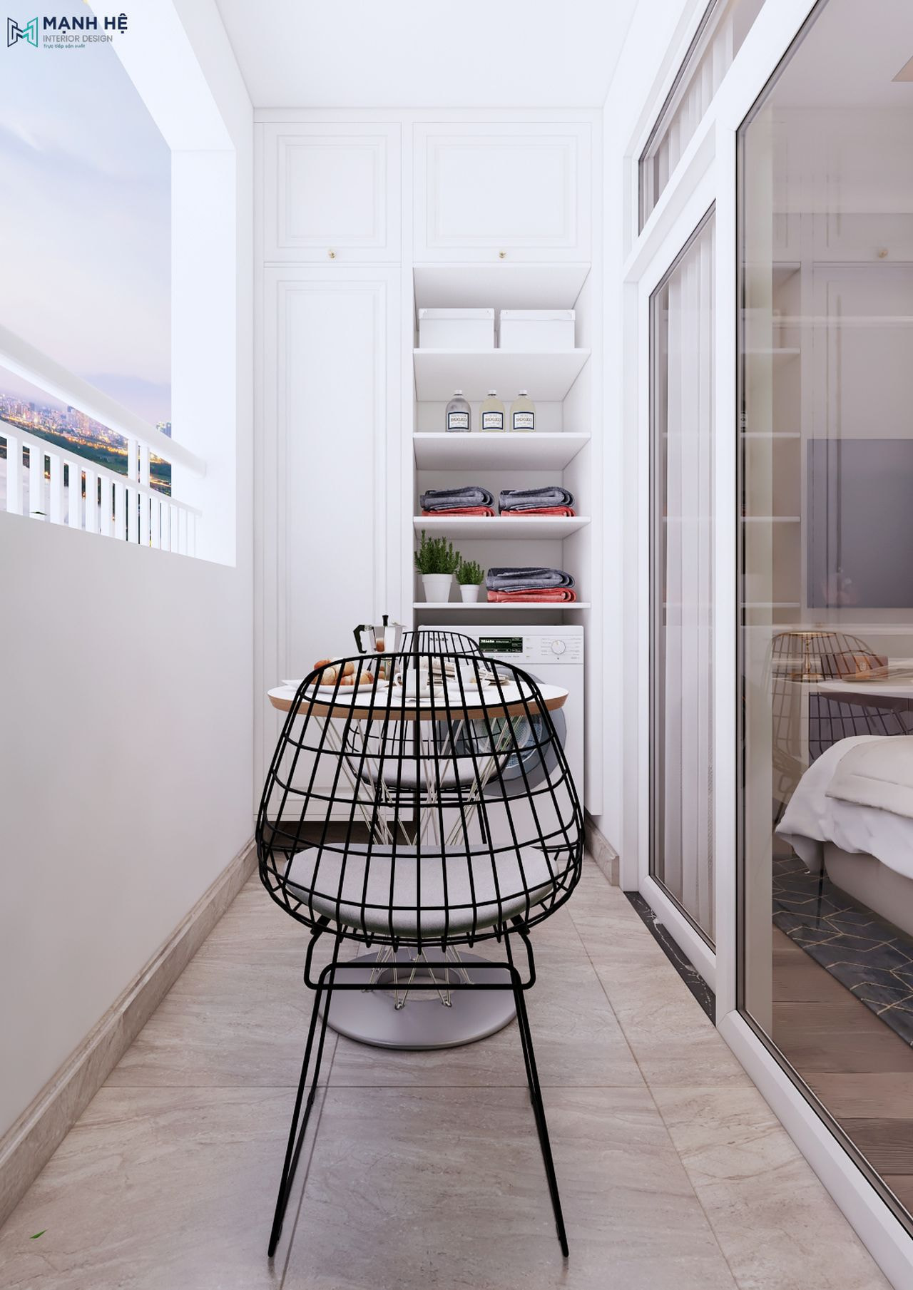 Góc giặt đồ tiện dụng được tích hợp trong không gian ban công kết hợp bộ bàn ghế thư giãn mang lại sự tiện lợi và tối ưu diện tích cho ngôi nhà