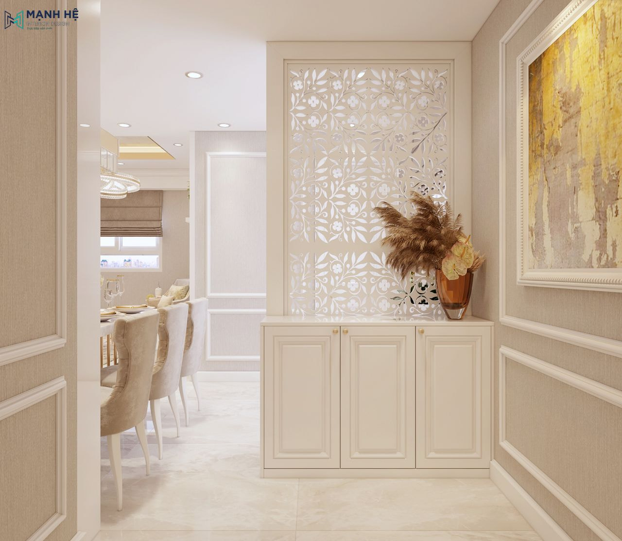 Khu vực để giày dép làm từ gỗ công được ngăn cách bởi vách ngăn tinh tế với họa tiết độc đáo