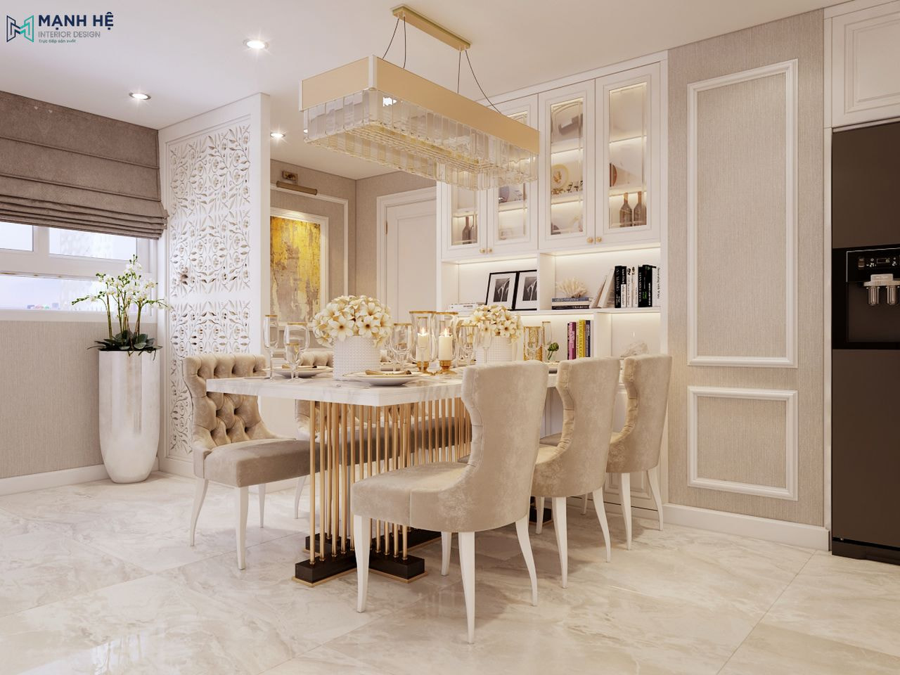 Khu vực ăn uống sang trọng với mặt bàn đá nhân tạo kết hợp ghế bọc vải nhung êm ái và thiết kế 6 chỗ ngồi hoàn hảo cho mọi bữa ăn