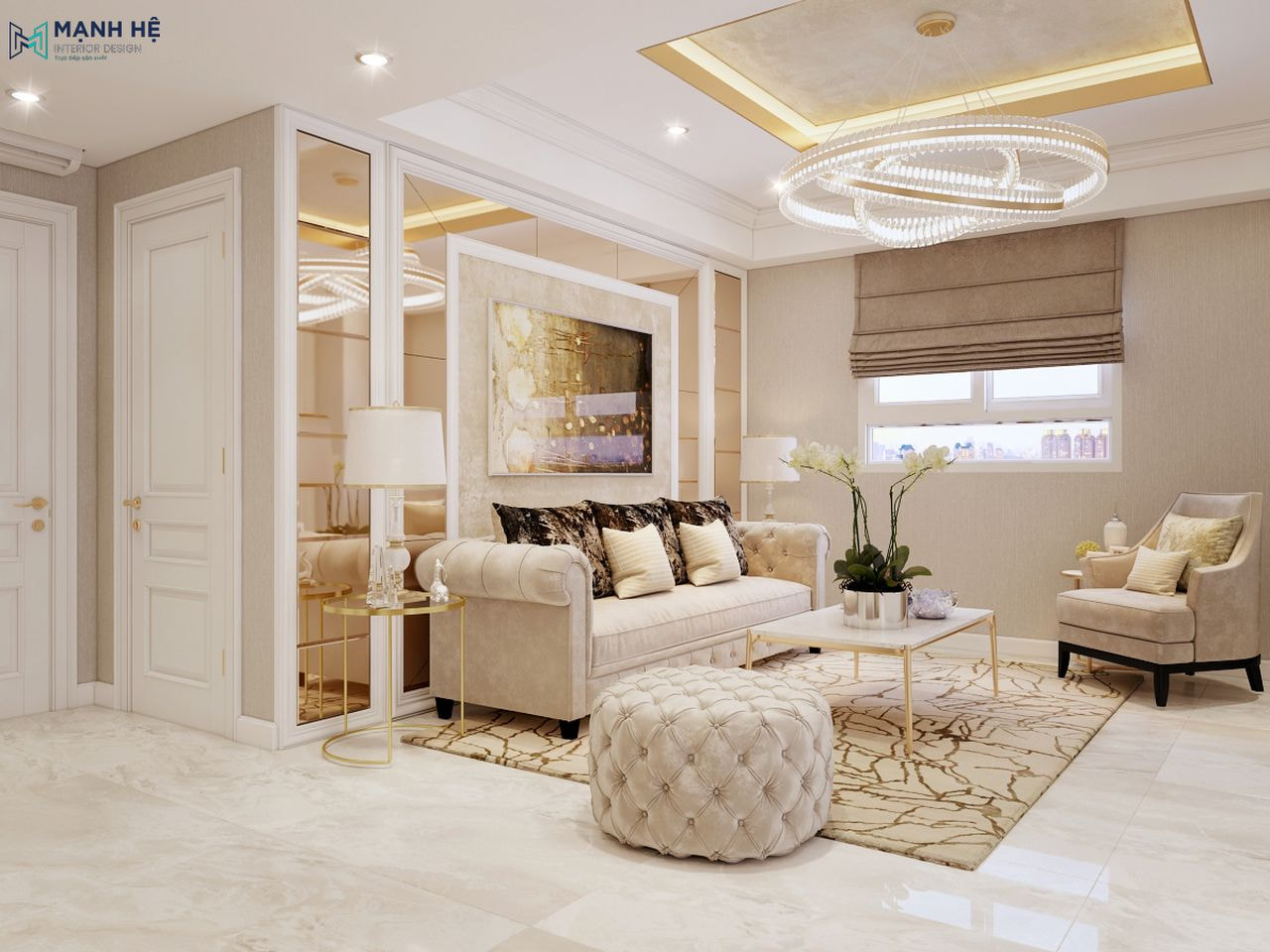 Phòng khách theo phong cách tân cổ điển hơi hướng luxury sử dụng nội thất làm từ gỗ công nghiệp và cửa sổ lớn đón ánh sáng tự nhiên tạo không gian ấm cúng, gần gũi