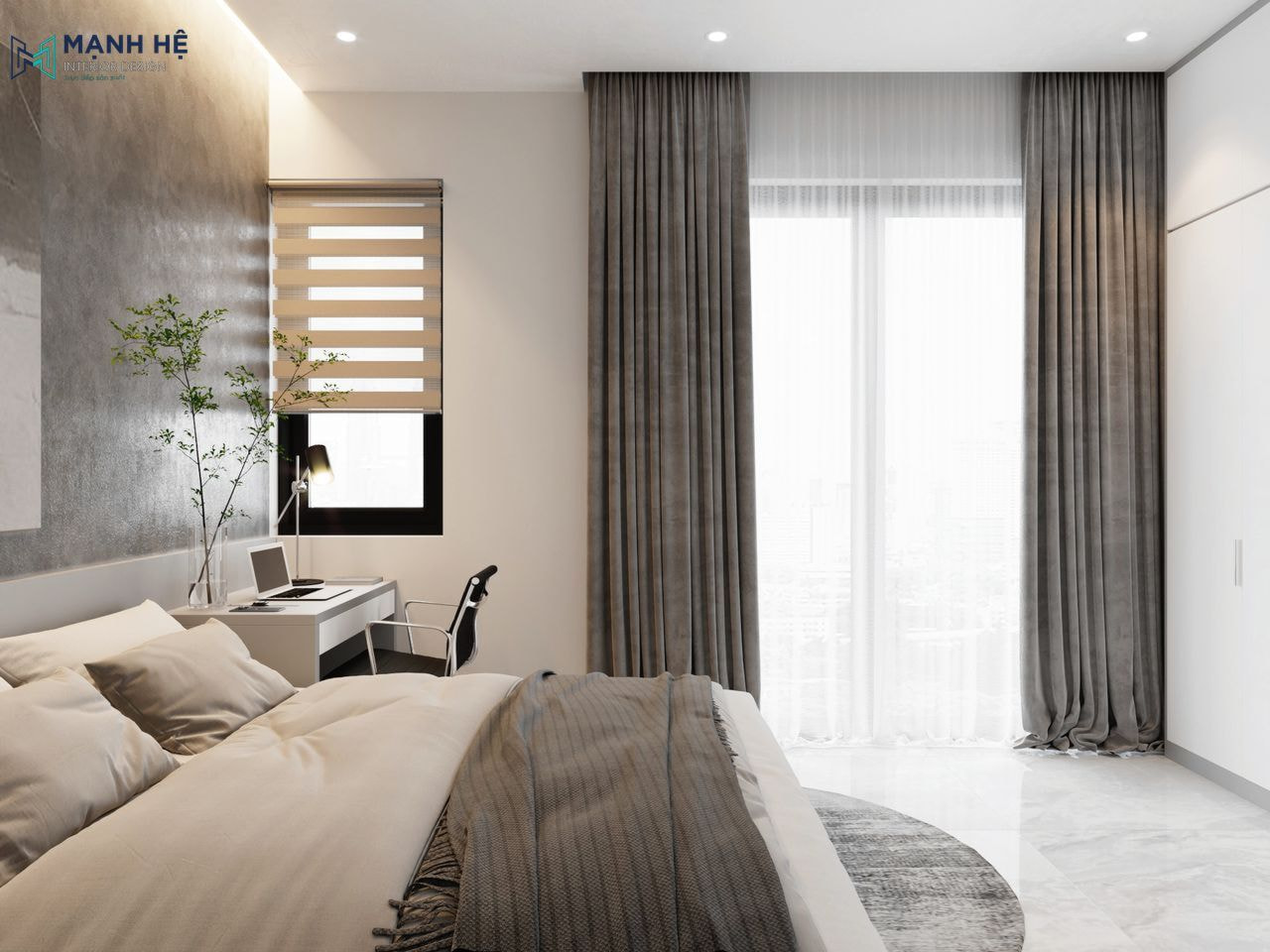 Thiết kế bàn học cạnh cửa sổ tích hợp rèm cửa và trang trí cây xanh