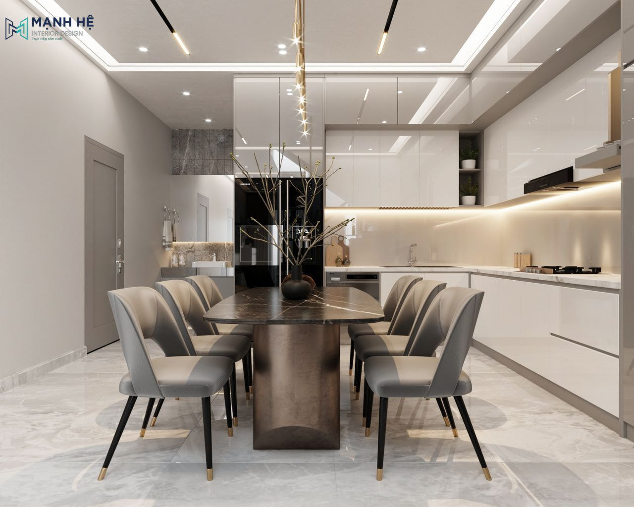 Khu vực bàn ăn mặt đá gồm 6 chỗ ngồi được bố trí trung tâm phòng nổi bật với đèn thả trần