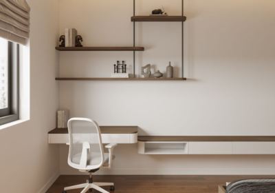 Thiết kế bàn làm việc liền mạch với kệ tivi treo tường làm bằng gỗ kết hợp với các kệ trang trí