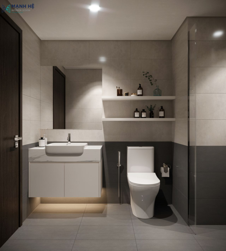 Nhà vệ sinh nổi bật với 2 tông màu xám và be kết hợp với bồn rửa mặt bằng đá tích hợp hệ thống đèn led