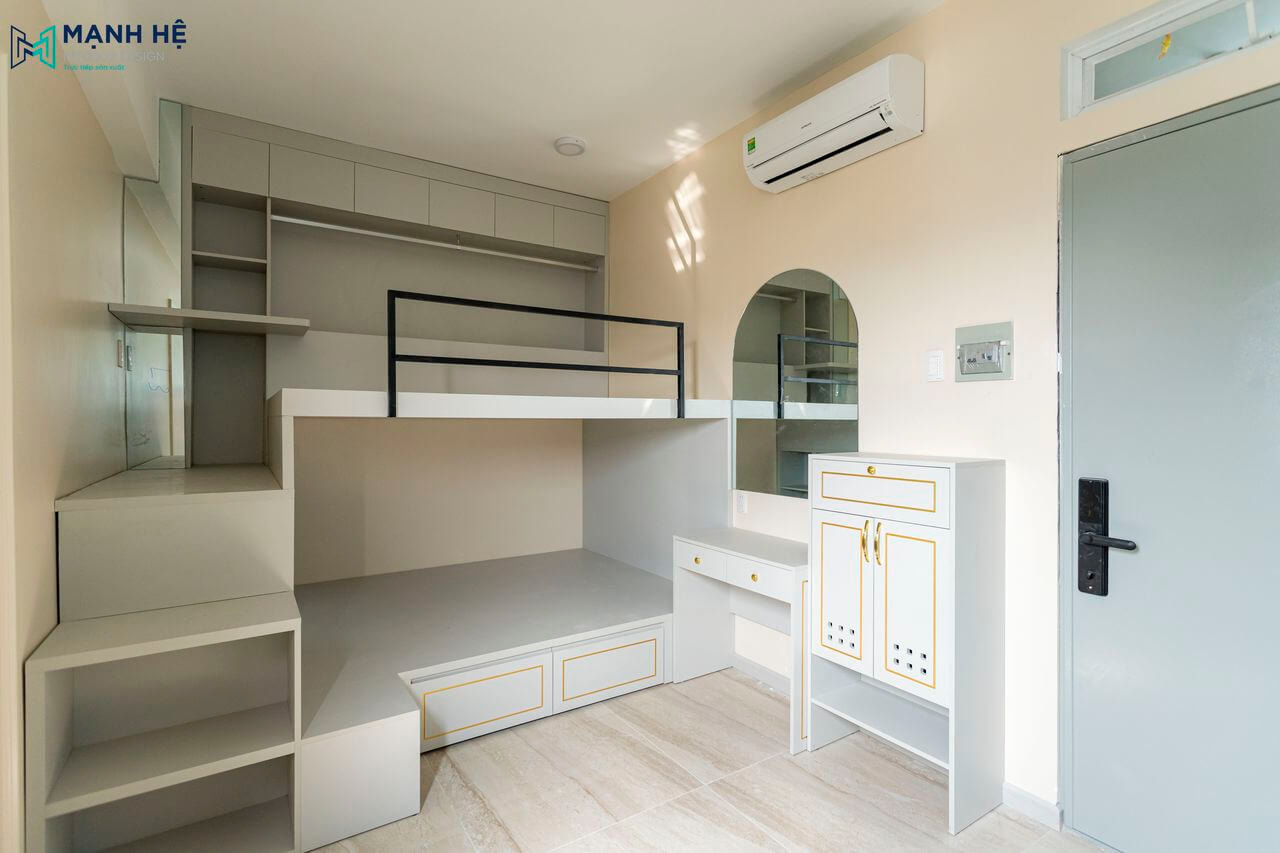 Thi công nội thất giường tầng đa năng bằng gỗ công nghiệp phủ sơn trắng, tích hợp tủ quần áo và bàn trang điểm