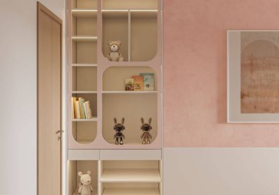 Thiết kế kệ tủ trang trí âm tường màu hồng - trắng dễ thương, kết hợp chạy đèn là ấn tượng