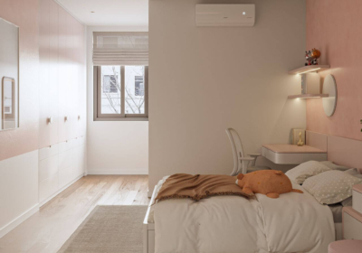 Sử dụng giường ngủ có học kéo giúp mở rông không gian lưu trữ, bàn học treo tường tối ưu không gian trống bên dưới