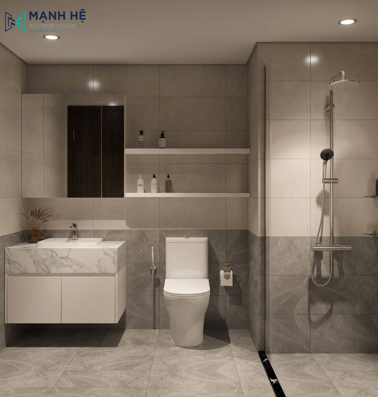 Nhà vệ sinh lát gạch sáng màu giúp không gian thêm phần sáng sủa, sạch sẽ, cùng với bồn rửa mặt được ốp đá vân mây sang trọng và bồn tắm đứng hiện đại