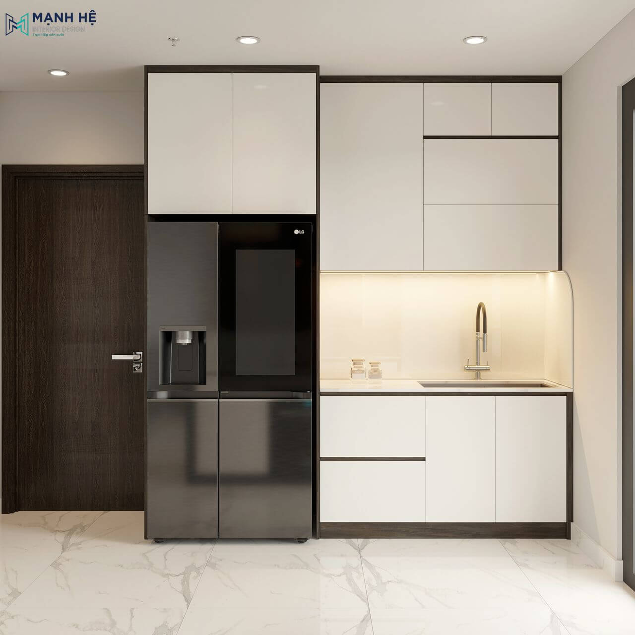 Tủ bếp kịch trần với nhiều ngăn kéo và kệ, giúp gia chủ dễ dàng sắp xếp đồ dùng nhà bếp, tích hợp thêm đèn led cho tủ bếp thêm phần sáng sủa và nổi bật hơn