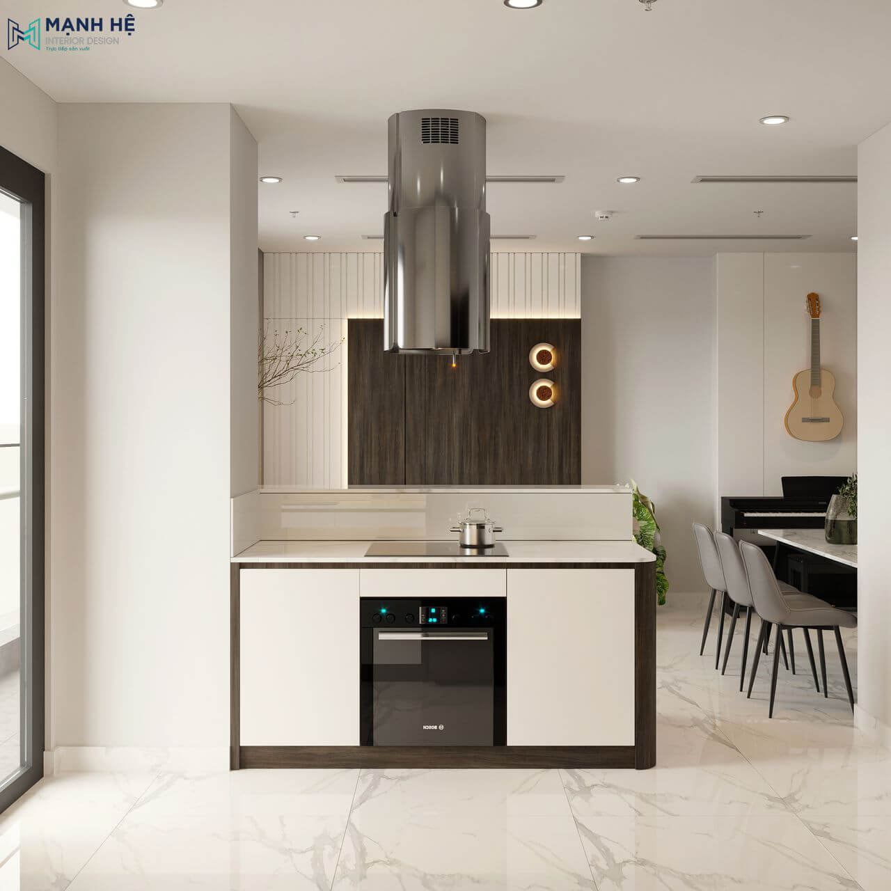 Mặt bếp được ốp đá marble sáng bóng, giúp không gian bếp sạch sẽ và dễ vệ sinh, tủ bếp dưới tích hợp thiết bị nấu nướng âm tủ hiện đại