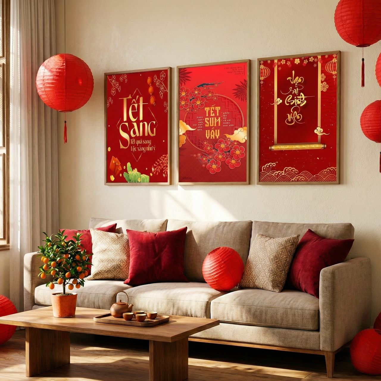 Làm đẹp phòng khách ngày tết với bộ tranh treo tường đỏ thắm, mang ý nghĩa sum vầy, hạnh phúc.