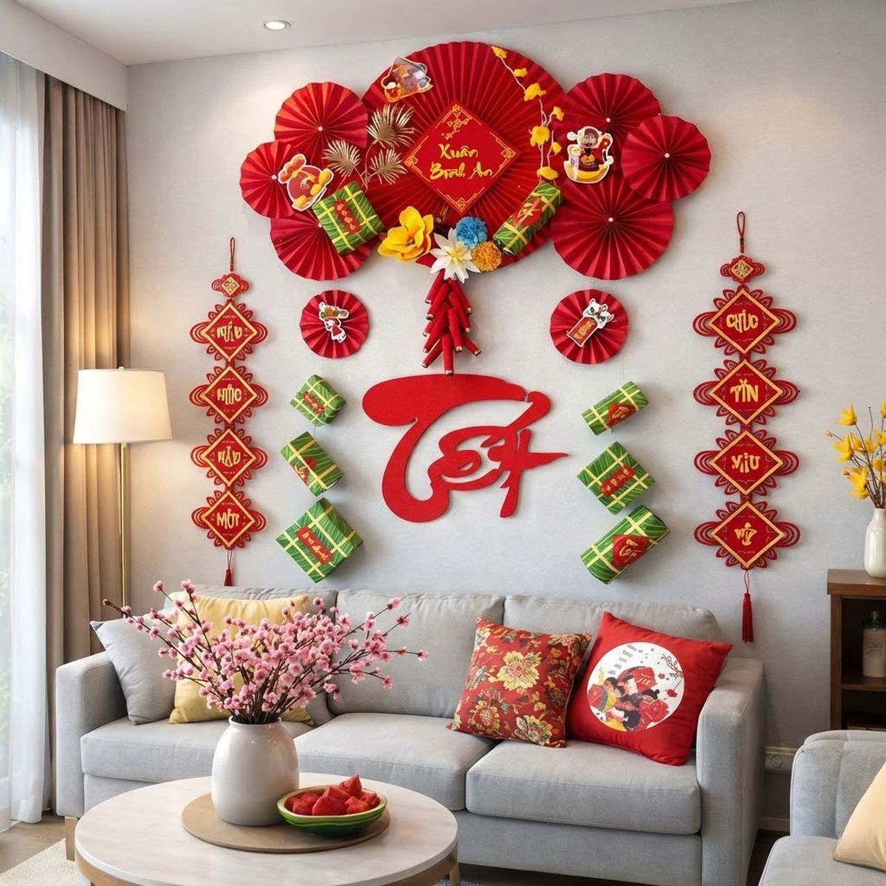 Mang không khí xuân rộn ràng vào nhà với cặp câu đối đỏ rực rỡ treo nổi bật trên tường phòng khách.