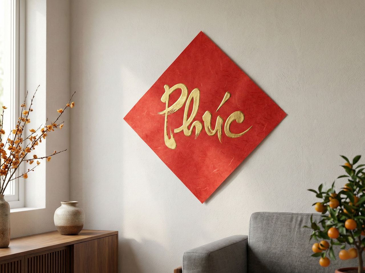 Tạo điểm nhấn cho không gian trong nhà ngày tết với tranh chữ phúc