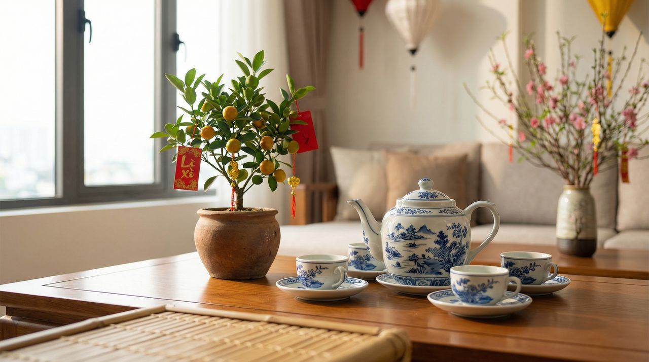 Tô điểm nhấn cho bàn trà đón khách ngày tết thêm trang trọng, ấm cúng với bộ ấm chén gốm sứ tinh tế.