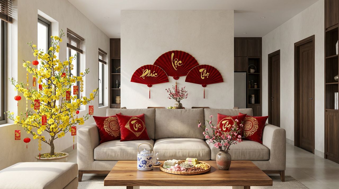 Trang trí nhà ngày tết với chậu hoa mai rực rỡ vừa tạo điểm nhấn sang trọng vừa thu hút tài lộc đầu năm