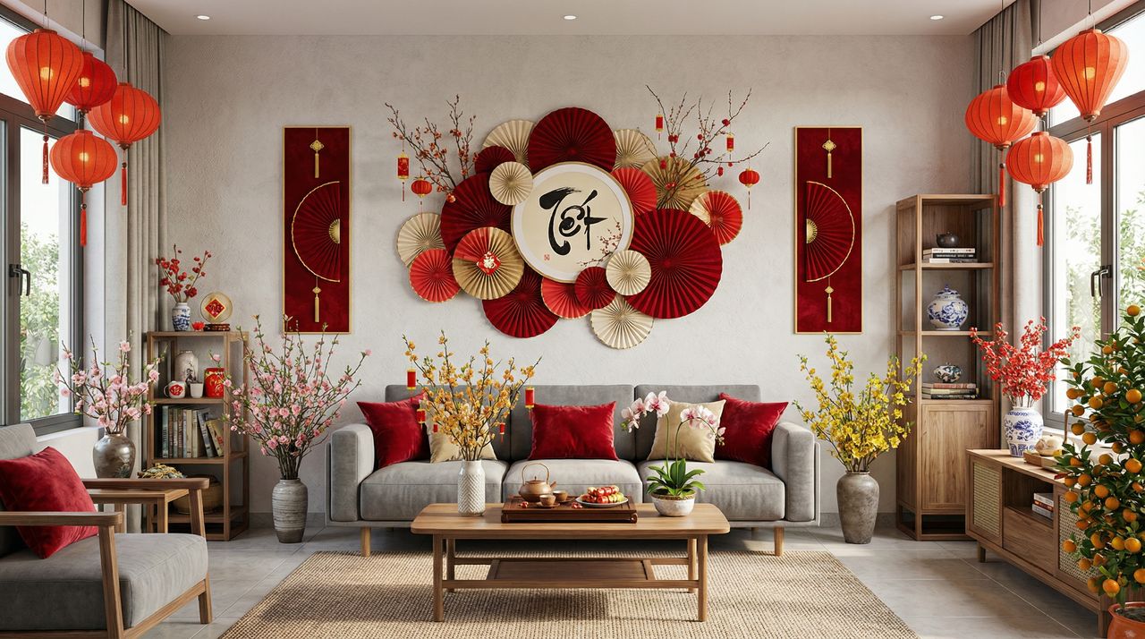 Tô điểm không gian phòng khách với đa dạng các loại hoa tươi ngày tết giúp ngôi nhà thêm rực rỡ và ngập tràn sắc xuân.