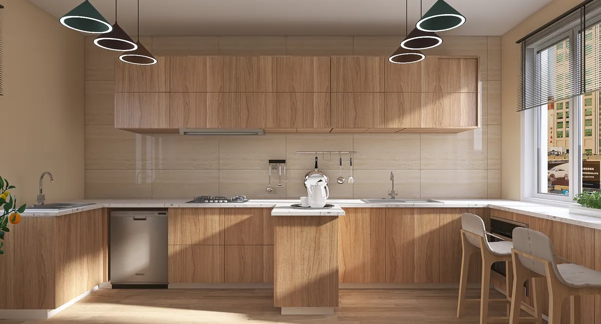 Mẫu phòng bếp Scandinavian chữ U cho nhà phố mang vẻ đẹp độc đáo và quyến rũ có thêm cửa sổ lớn giúp tận dụng ánh sáng tự nhiên