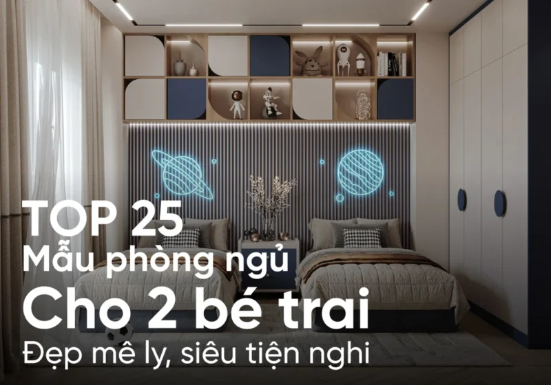 Phòng ngủ cho 2 bé trai với thiết kế chủ đề phi hành gia vũ trị độc đáo, cùng bộ giường đôi đượ bố trí đôi xứng