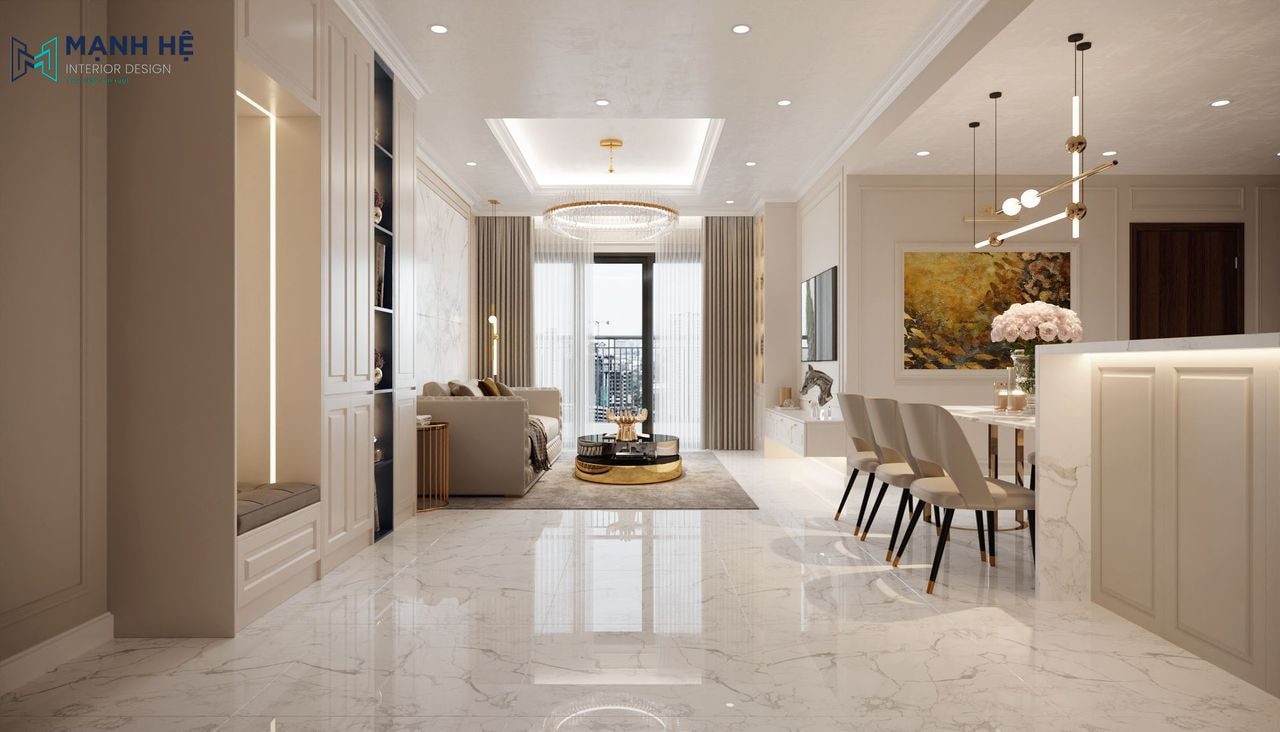 Tổng quan không gian phòng khách liền bếp với gam màu be chủ đạo nổi bật với ánh sáng đèn trần