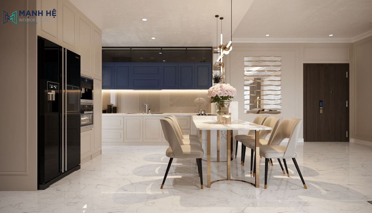  Sự đối lập giữa gam màu xanh navy và be trong căn bếp chung cư nổi bật với bộ bàn ăn mặt đá