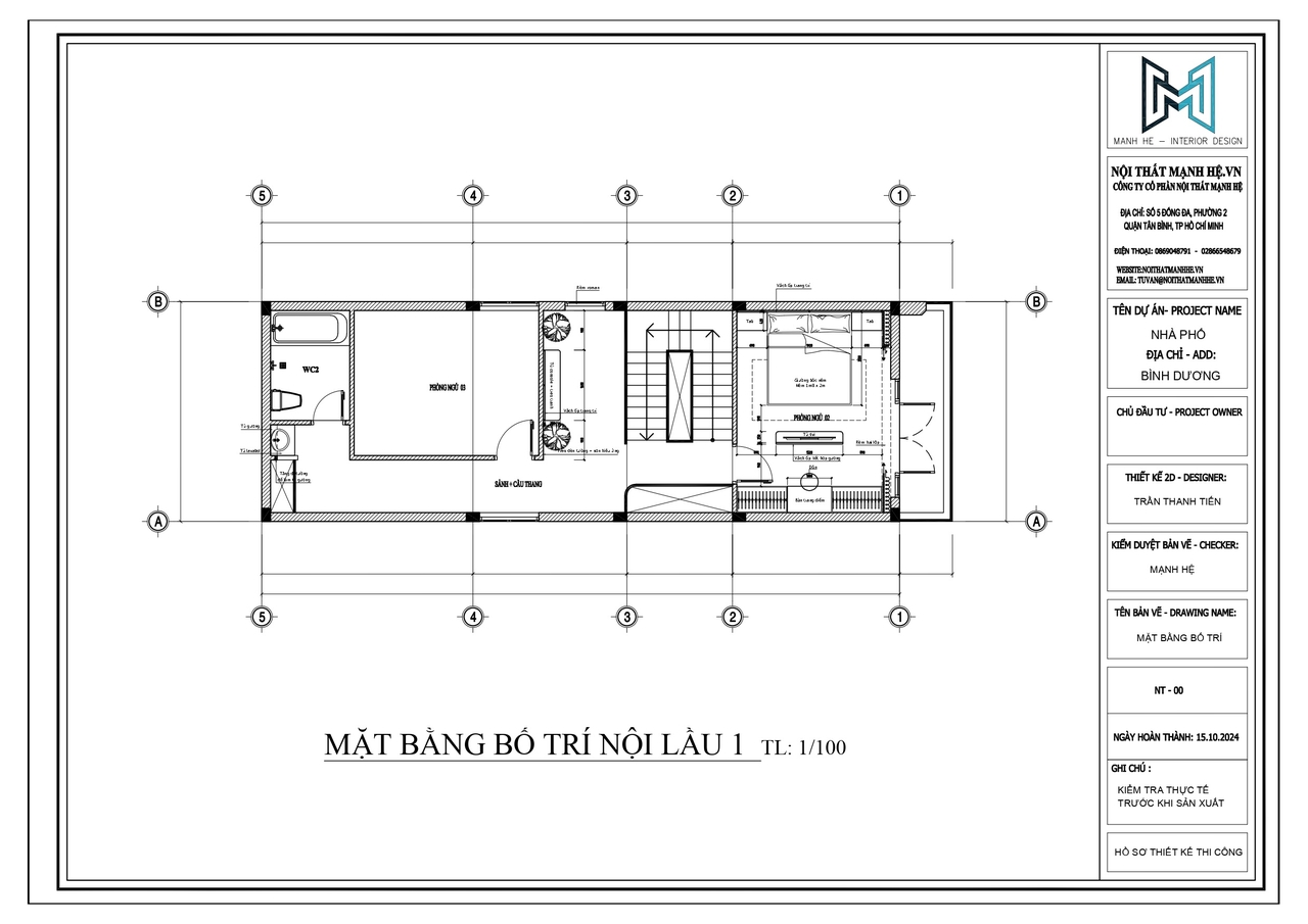 Bản vẽ mặt bằng bố trí lầu 1 của nhà phố Bình Dương tại Mạnh Hệ