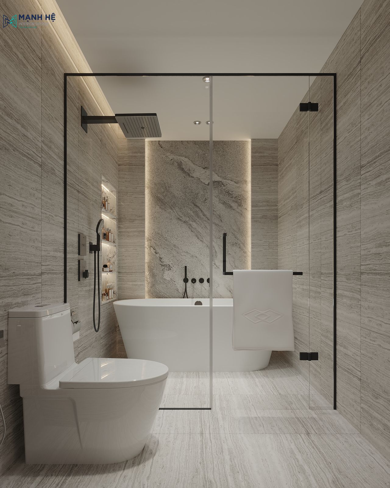Thiết kế đồng bộ giữa tường và sàn tạo sự liền mạch trong nhà vệ sinh, thông thoáng với vách ngăn trong kính trong suốt