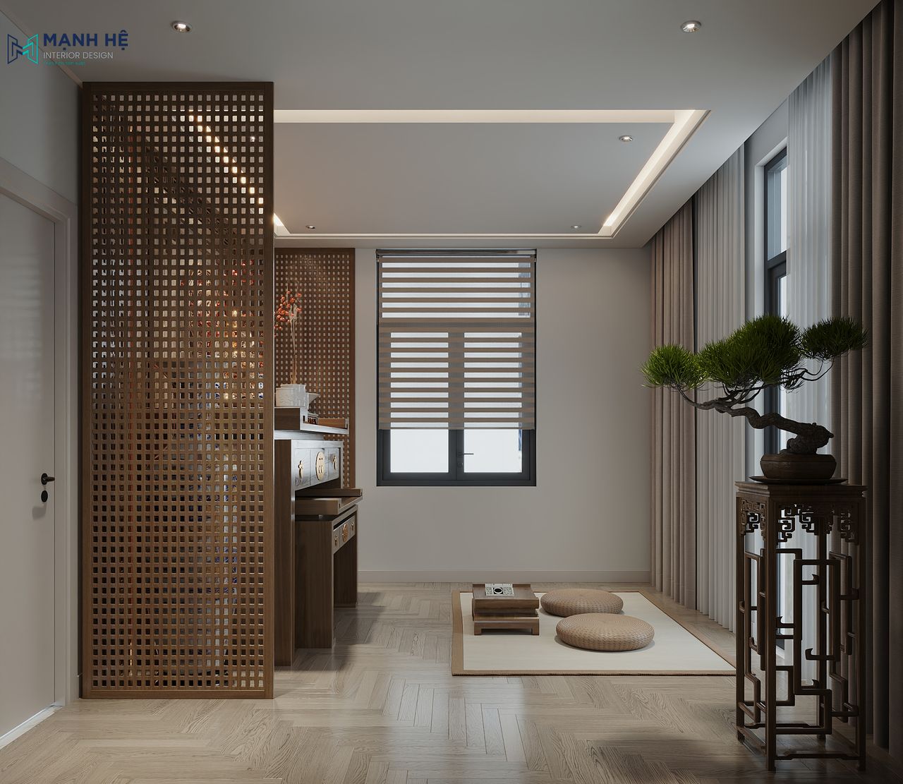 Bố trí đệm ngồi bệt thấp kết hợp chiếu tatami giúp thuận tiện trong việc tụng kinh, cúng bái theo truyền thống