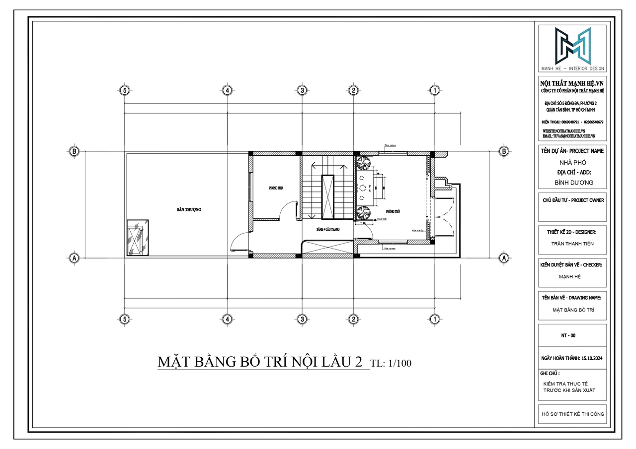 Bản vẽ mặt bằng bố trí lầu 2 của nhà phố Bình Dương tại Mạnh Hệ