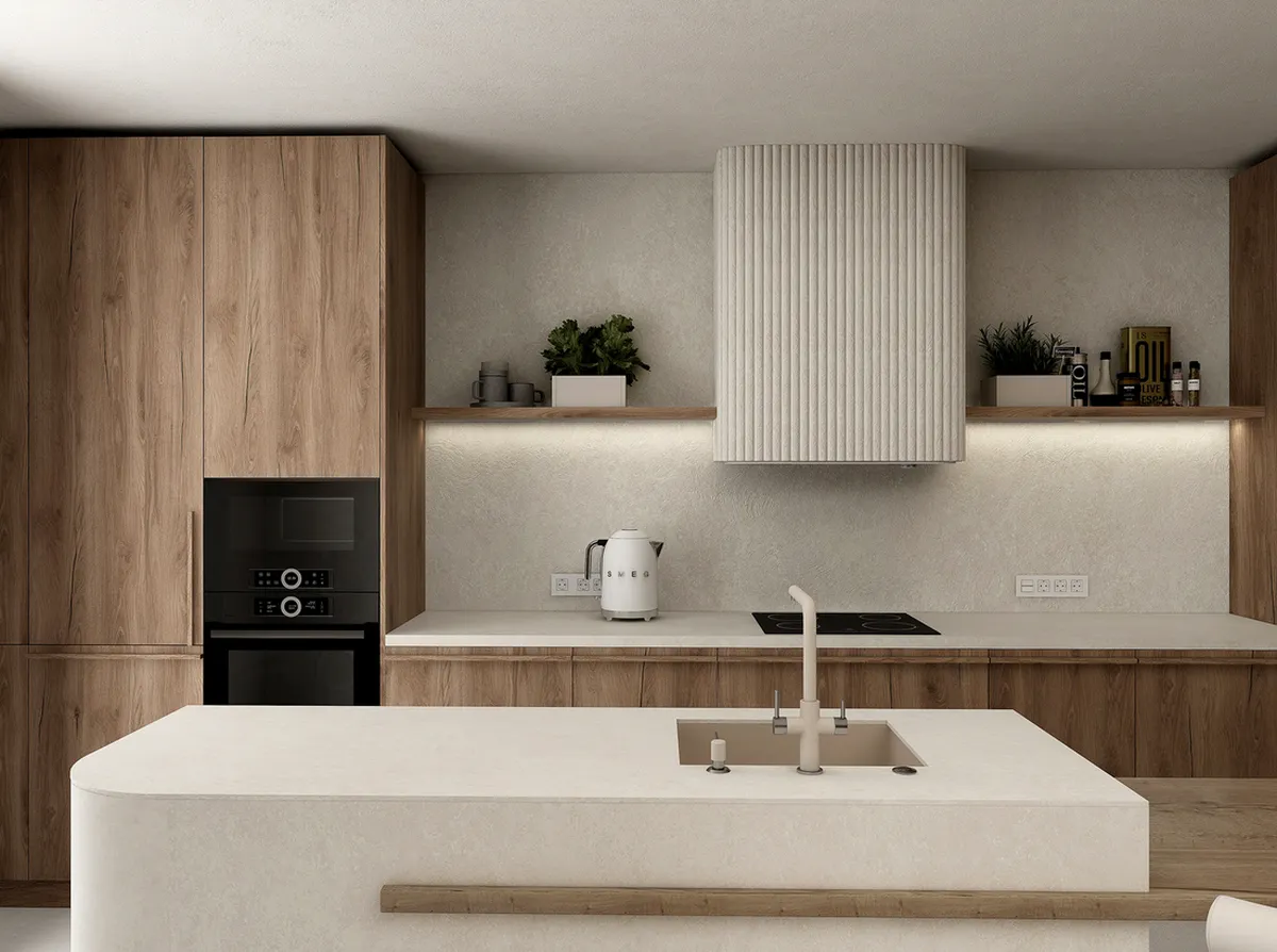 Thiết kế nhà bếp Japandi được tinh giản các chi tiết trang trí mang đến sự gọn gàng, tiện nghi và tủ bếp được tích hợp đèn led âm giúp không gian luôn tươi sáng