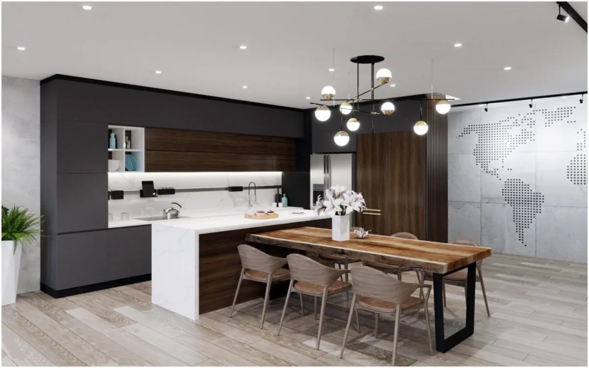 Thiết kế gian bếp phong cách Nhật Bản mang vẻ đẹp lôi cuốn cùng với bàn đảo bếp nối liền bàn ăn cực độc đáo