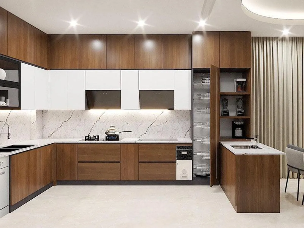 Mẫu thiết kế nhà bếp liền phòng khách kiểu Nhật với nội thất đa năng đầy tiện nghi và phần vách bếp được ốp đá granite toát lên vẻ thanh lịch