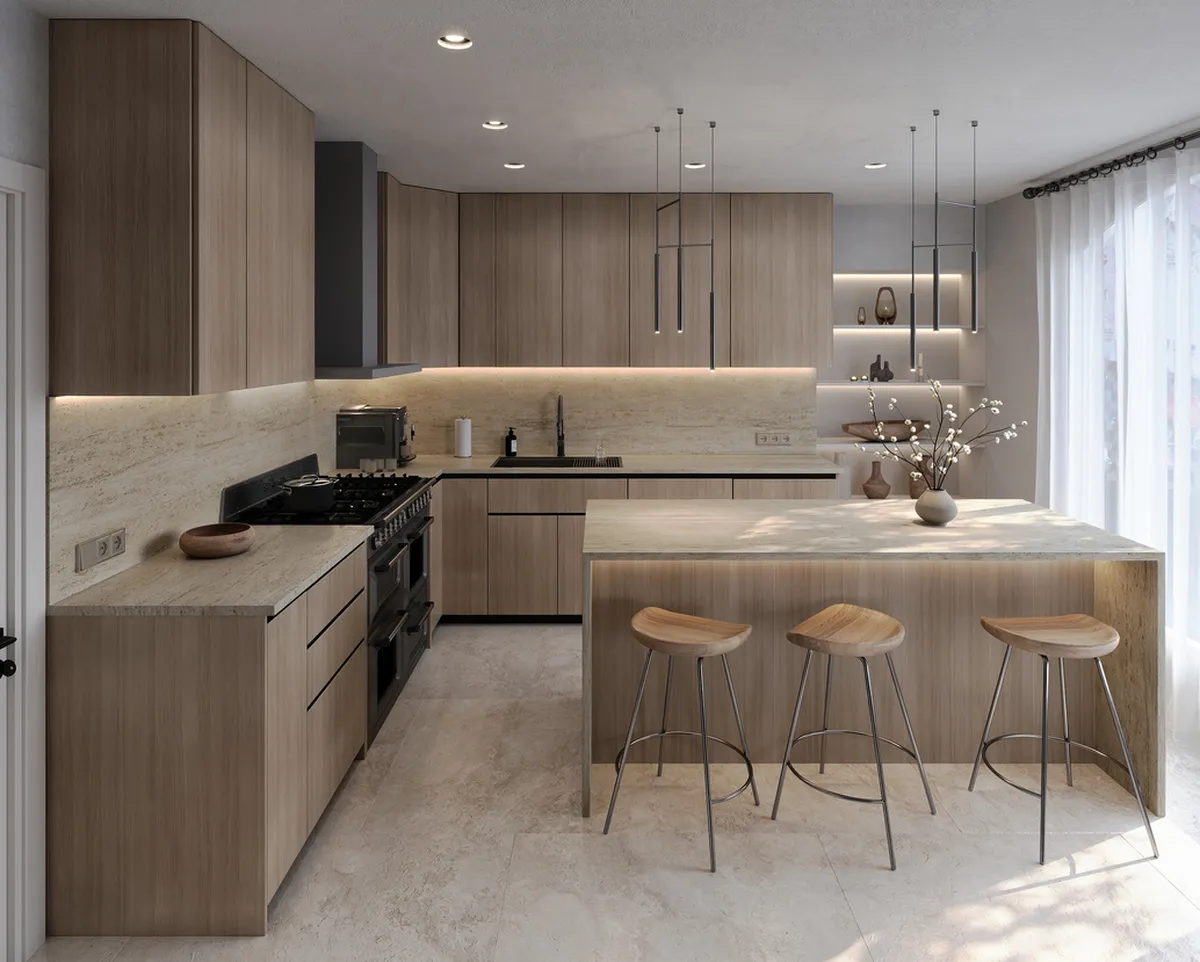 Thiết kế phòng bếp mang tinh thần Nhật Bản có cửa kính lớn tạo nên một không gian vô cùng sáng sủa kết hợp thêm điểm nhấn ở chiếc đèn thả đầy lôi cuốn