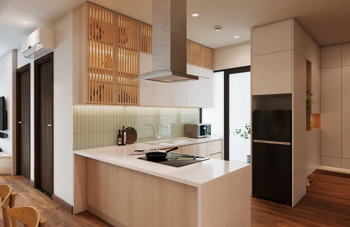 Mẫu phòng bếp chung cư Nhật Bản chữ L phong cách Zen đầy vẻ nhẹ dịu và hệ tủ trên được thiết kế dạng lam gỗ mới lạ