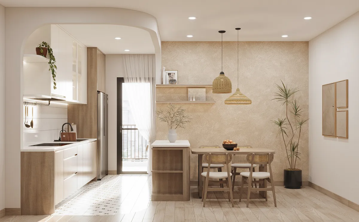 Phòng bếp kiểu Nhật với những đường nét bo cong tôn lên vẻ mềm mại