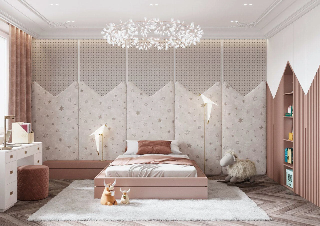 Mẫu phòng ngủ bé gái đẹp được thiết kế độc đáo với đệm ốp đầu giường sáng tạo nổi bật với đèn chùm