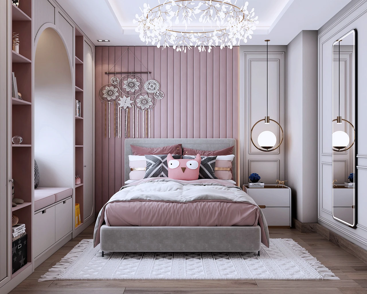 Thiết kế phòng ngủ màu hồng dành cho bé gái với phong cách tân cổ điển nổi bật đèn chùm độc đáo