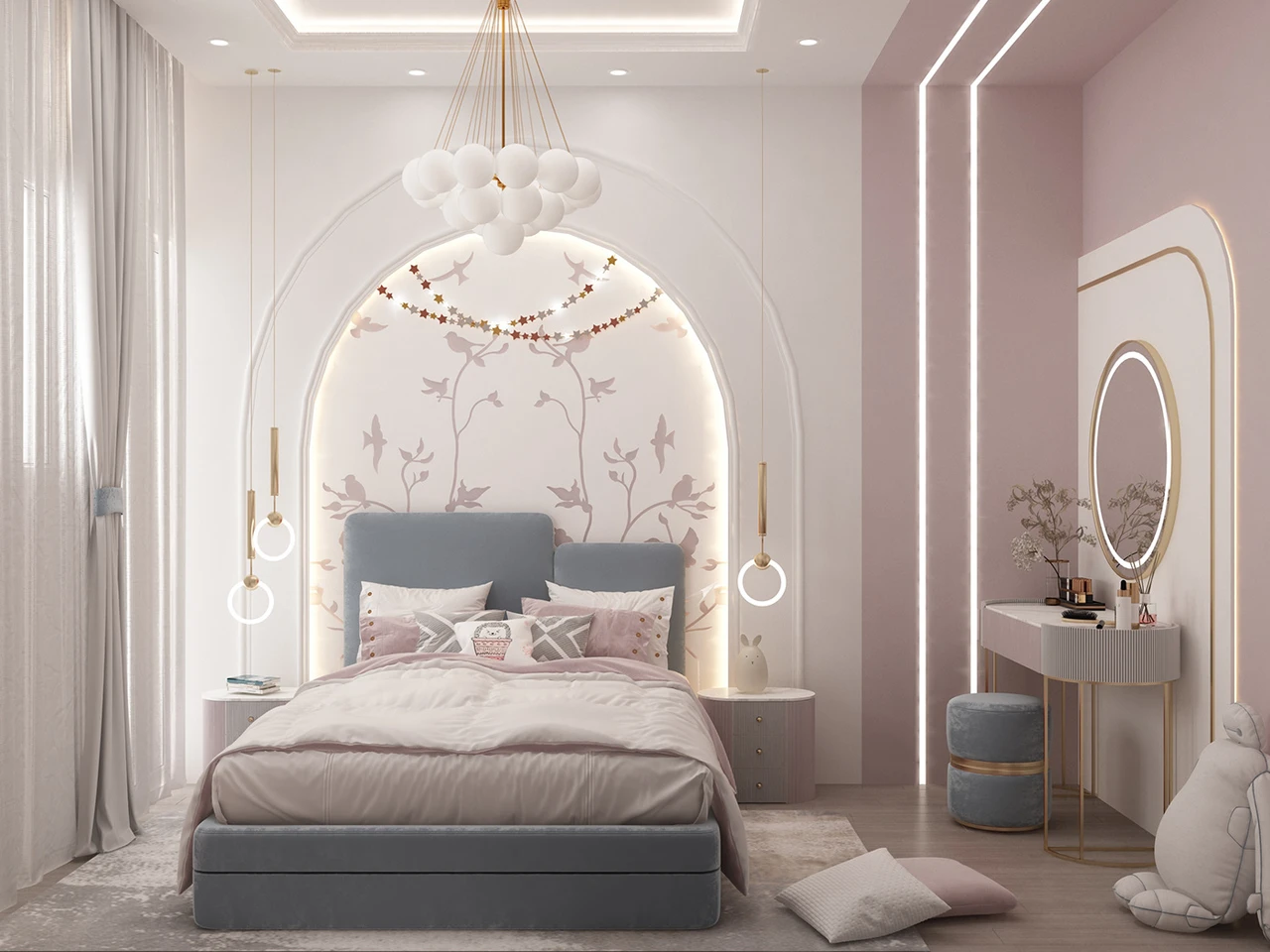 Tạo hình đầu giường độc đáo trong thiết kế phòng ngủ bé gái nổi bật với gam màu hồng và trắng chủ đạo