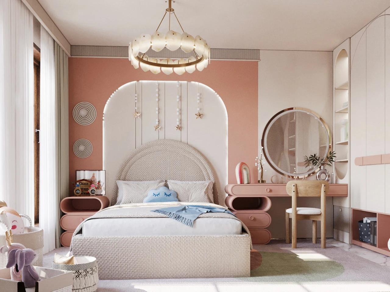 Thiết kế phòng ngủ dành cho bé gái với gam màu be kết hợp với điểm nhấn cam pastel nổi bật với đèn trần