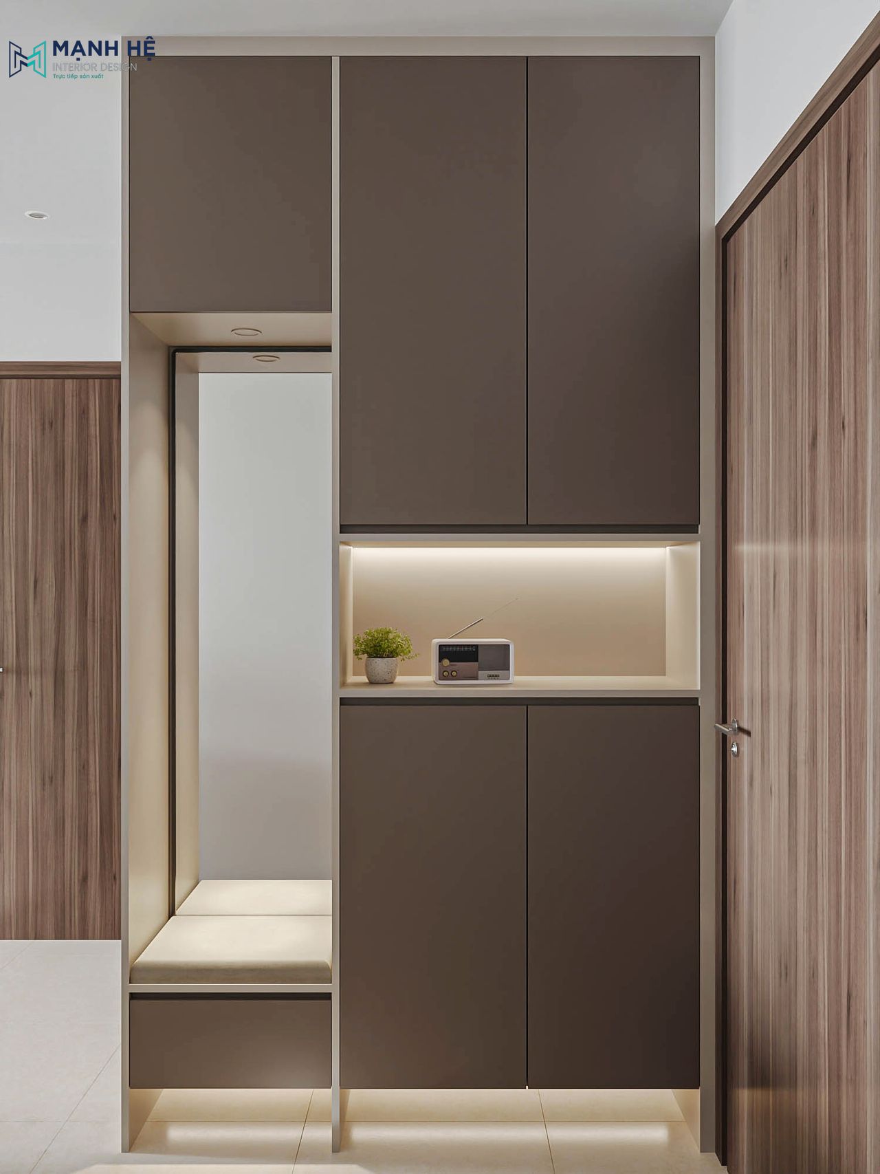 Tủ giày được thiết kế với nhiều ngăn tủ và kệ mở, giúp gia chủ dễ dàng sắp xếp giày dép một cách gọn gàng