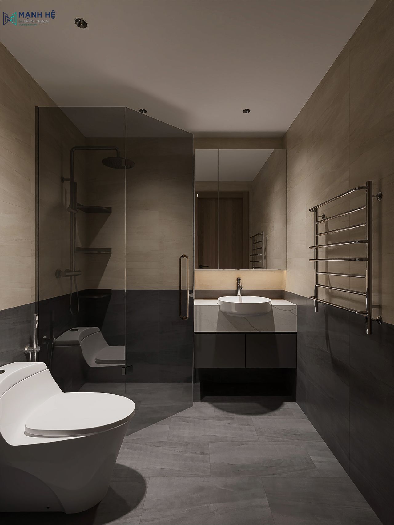 Phòng tắm hiện đại với vách kính tắm đứng, bồn rửa mặt đặt bàn và thiết kế tông màu trung tính sang trọng.